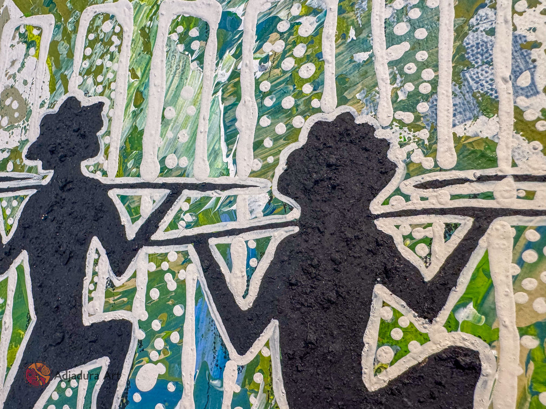 Close-up of Salt Water Dance Painting, showcasing intricate linework, organic shapes, and textured details representing saltwater Country.