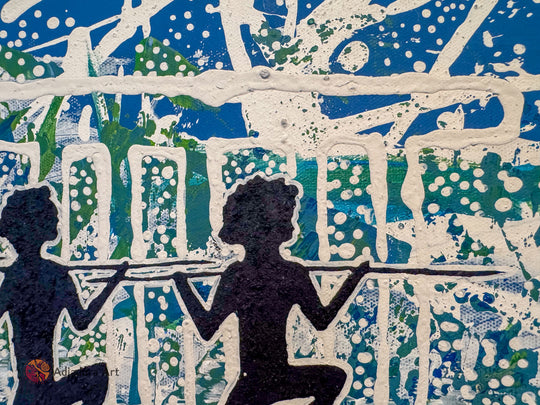 Close-up of Salt Water Dance Painting, showcasing intricate linework, organic shapes, and textured details representing saltwater Country.