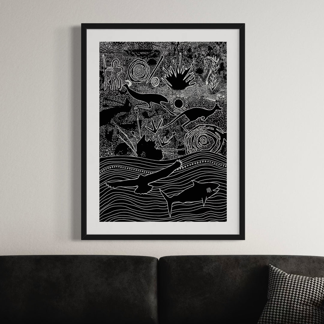 Close-up of Nharangga Totems AR Print, highlighting intricate Aboriginal linework, symbolic totem representations, and cultural storytelling.