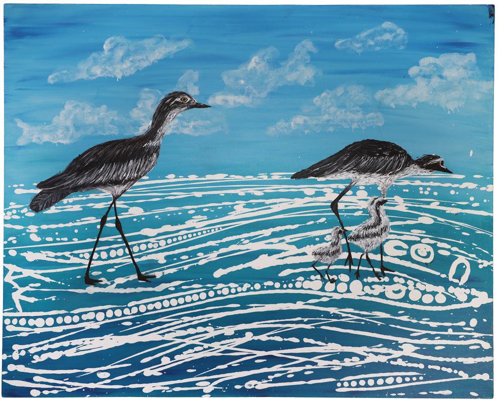 Curlew Won’t Cry AR Painting – Aboriginal artwork depicting the curlew with intricate patterns and storytelling elements, enhanced with Augmented Reality interaction.