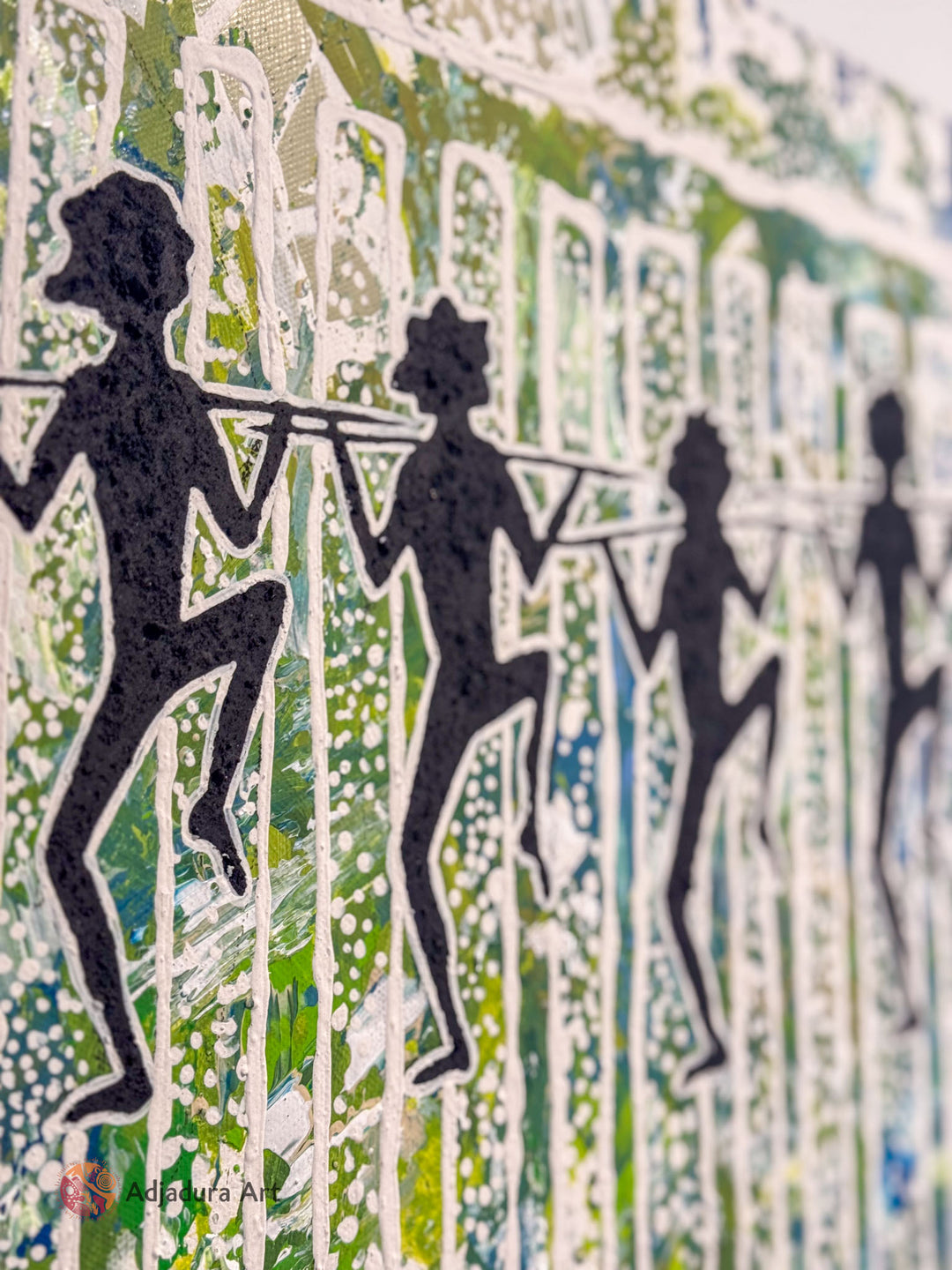Close-up of Salt Water Dance Painting, showcasing intricate linework, organic shapes, and textured details representing saltwater Country.