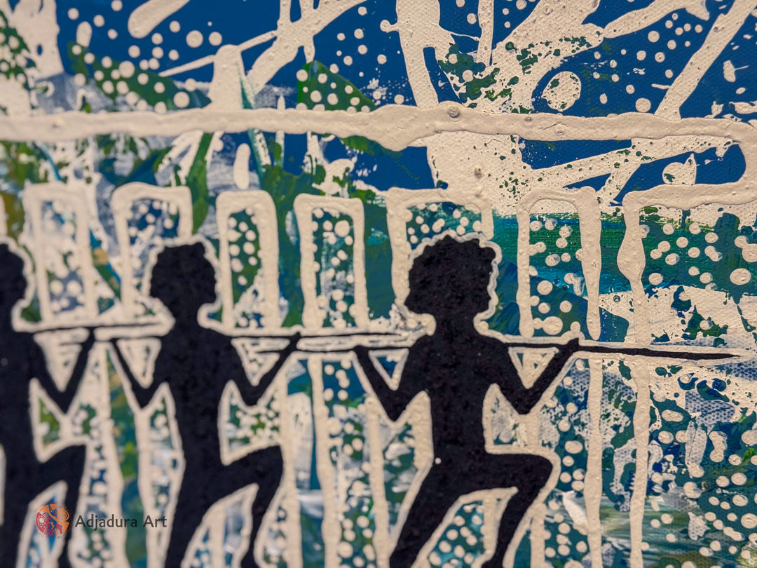 Close-up of Salt Water Dance Painting, showcasing intricate linework, organic shapes, and textured details representing saltwater Country.