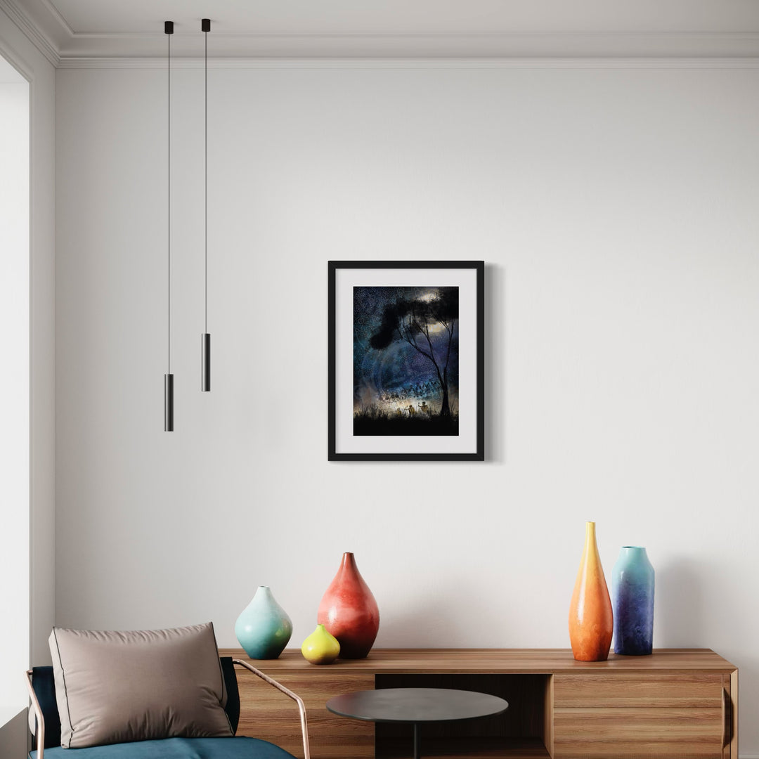 Nharangga Dance AR Print displayed in a contemporary space, blending Aboriginal artistry with digital innovation and storytelling.