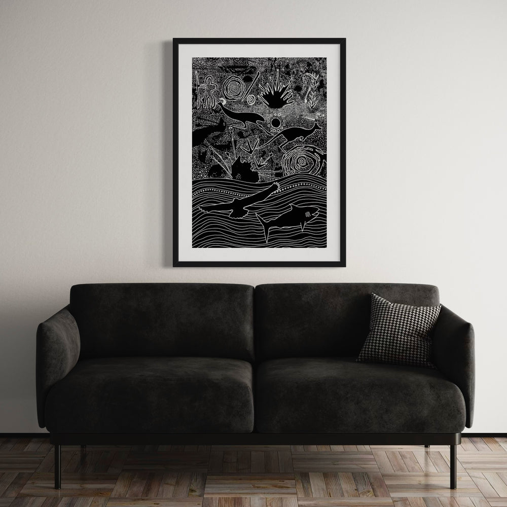 Nharangga Totems AR Print displayed in a modern interior space, combining traditional Aboriginal artistry with digital innovation.